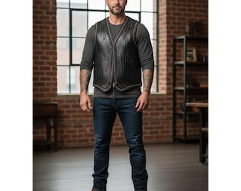 Genuine Crocodile Embossed Pattern Men Leather Vest Stylish Western Style Handmade Leather