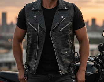 Men's Black Crocodile Embossed Leather Biker Vest Handmade