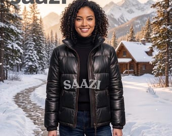 Handgemaakte leren pufferjas voor dames | Gewatteerde winterjas van echt leer | Luxe bovenkleding