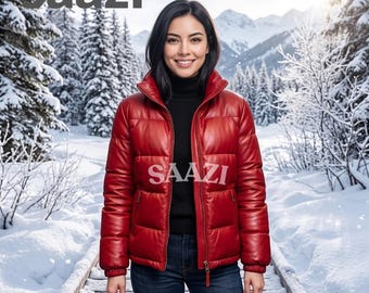 Handgemaakte leren pufferjas voor dames | Gewatteerde winterjas van echt leer | Luxe bovenkleding