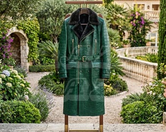 men Embossed Crocodile Leather Trench Coat Men's Full Length Winter Outerwear