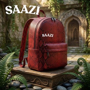 Puede incluir: Una mochila roja con textura de piel de serpiente y el texto SAAZI impreso en el bolsillo delantero y arriba a la izquierda. La bolsa cuenta con un compartimento principal con cremallera, un bolsillo delantero más pequeño y correas ajustables.