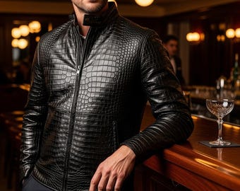 Luxury Black Crocodile Embossed Leather Jacket Handmade Exotic Skin