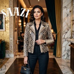 May include: A woman wearing a snakeskin-patterned leather jacket, black shirt, and black pants. The jacket has a zipper closure and a classic biker style. The word "SAAZI" is displayed in white, stylized text.