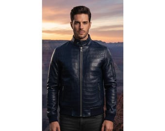 Veste en cuir gaufrée façon crocodile faite main, vêtements d'extérieur de créateur de luxe