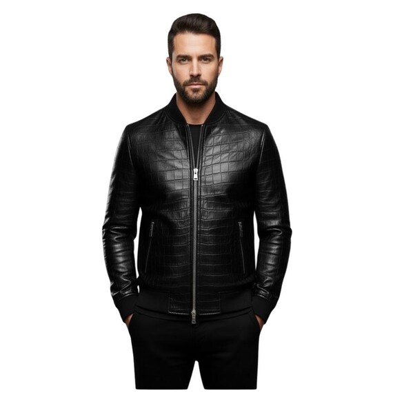 Handmade Crocodile Embossed Black Leather Jacket Luxury Men's