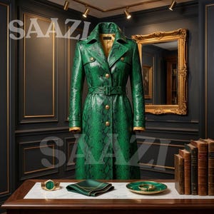 May include: A long green trench coat with a snakeskin pattern, featuring a notched collar, gold-tone buttons, and a matching belt. The coat has a tan interior lining and is displayed alongside a green watch, a folded green cloth, and a green plate.