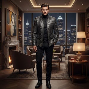 Chaqueta de motociclista de cuero genuino con estampado de serpiente para hombre, abrigo de moda exótica