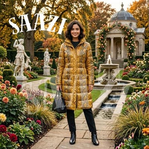 Könnte beinhalten: Eine Frau trägt einen langen, gelb-braunen Mantel mit Schlangenmuster, eine schwarze Hose und schwarze Stiefel und hält eine schwarze Handtasche. Das Wort "SAAZI" steht in weißer Schrift. Der Hintergrund zeigt einen Garten mit Statuen, einem Brunnen und einem Kuppelgebäude.