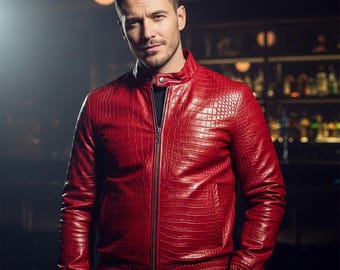 Red Crocodile Embossed Leather Jacket for Men Handmade Luxury Streetwear Jacket