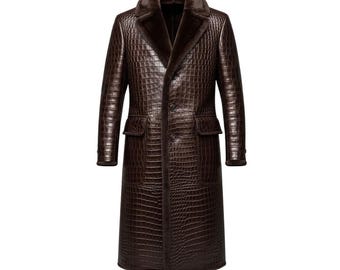 May include: A brown, full-length coat with a crocodile skin texture. The coat features a fur collar and trim, two front pockets, and a button-down closure. The coat is a classic design.