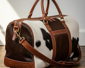 Hair on Hide Leather Duffle Bag Cowhide Weekender Travel Bag