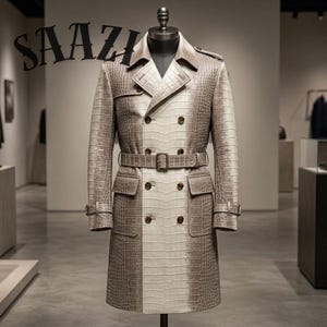 Könnte beinhalten: Ein doppelreihiger Trenchcoat mit Krokodilmuster in Grau- und Cremetönen. Der Mantel hat einen Gürtel, Knopfverschlüsse und einen klassischen Kragen. Das Wort "SAAZI" ist oben links aufgedruckt.