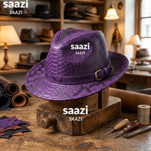 Chapeau de luxe en cuir véritable à imprimé serpent | Fedora western fait main pour homme et femme