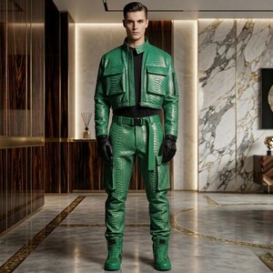 Könnte beinhalten: Ein grünes Jacken- und Hosen-Set mit Schlangenleder-Textur. Die Jacke ist kurz geschnitten und hat zwei Vordertaschen. Die Hose hat einen passenden Gürtel und Cargotaschen. Das Outfit wird mit schwarzen Handschuhen und grünen Turnschuhen kombiniert. Die Person steht in einem modernen Interieur.