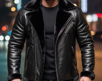 Luxe zwarte bont leren jas handgemaakte warme winter bovenkleding