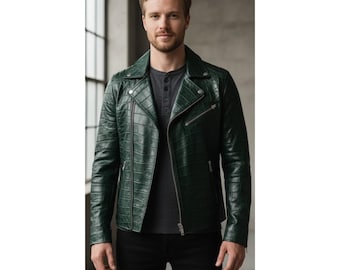 Veste de motard en cuir véritable gaufrée façon crocodile faite main