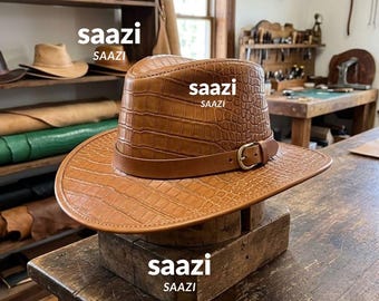Luxury Handmade Leather Fedora Hat | Crocodile Embossed Western Fashion Hat