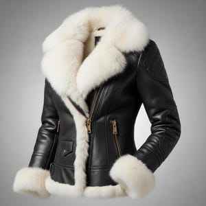 May include: A black leather jacket with a white fur collar, cuffs, and trim. The jacket features a diagonal zipper, gold-colored hardware, and quilted shoulder detailing. A stylish outerwear piece.