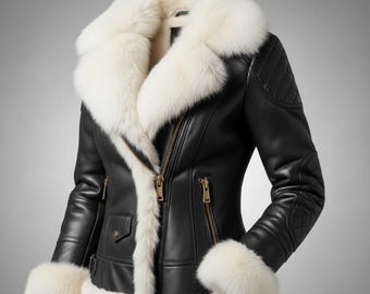 Fur  Collar Genuine Leather Jacket  Women's Winter Outfit