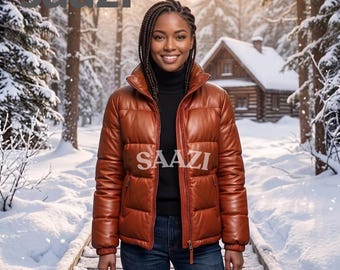 Handgemaakte leren pufferjas voor dames | Gewatteerde winterjas van echt leer | Luxe bovenkleding