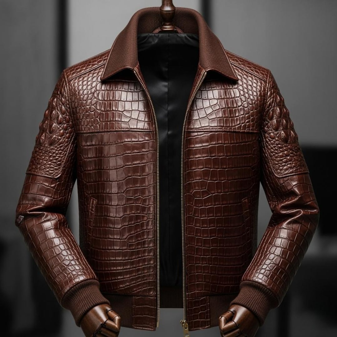 Authentic Crocodile Embossed Leather Jacket for Men Handmade