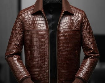 Authentic Crocodile embossed Leather Jacket For Men Handmade Exotic Designer Custom Fit Outerwear
