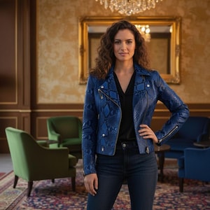 May include: A blue snakeskin-patterned jacket with a zipper closure and silver hardware. The jacket is worn over a black top and dark blue jeans. The background includes green and blue chairs, a gold-framed mirror, and a chandelier.