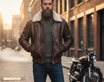 Puede incluir: Chaqueta bomber de cuero marrón con cuello de borrego color crema. La chaqueta tiene cierre de cremallera y puños acanalados. La persona lleva un jersey de cuello alto gris y vaqueros azules. Una motocicleta granate está aparcada cerca.