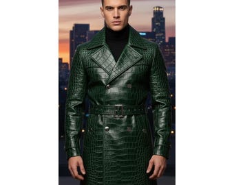 Trench fait main en cuir véritable gaufré façon crocodile