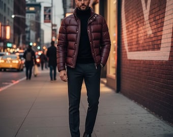 Handgefertigte Herren Echtleder Steppjacke gesteppte Winteroberbekleidung