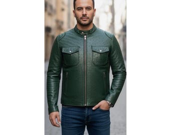 Men's Ostrich Embossed Genuine Leather Jacket Custom Luxury Style