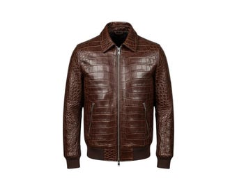 Handmade Men Crocodile Embossed Genuine Leather Jacket