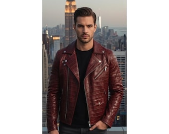 Blouson motard en cuir véritable gaufré façon crocodile