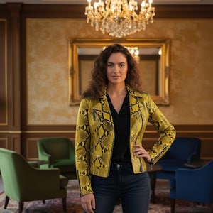 Puede incluir: Chaqueta amarilla y negra con estampado de piel de serpiente y cierre de cremallera. La chaqueta se lleva sobre un top negro y vaqueros azul oscuro. El fondo incluye una lámpara de araña, un espejo y sillas.