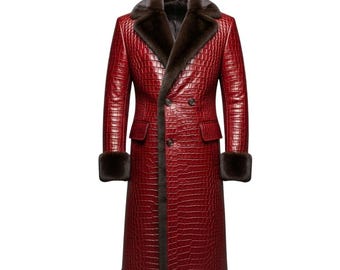 May include: A long, red leather coat with a crocodile texture. The coat features a dark brown fur collar and cuffs, a double-breasted design, and two front pockets. The coat is a classic style.