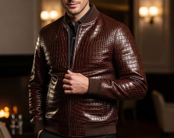 Men Crocodile Embossed Leather Jacket Genuine Exotic Leather Handmade Luxury Style Outerwear
