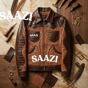 Può includere: Una giacca marrone che combina pelle marrone scuro con stampa coccodrillo e pelle marrone chiaro con texture struzzo. La giacca presenta una chiusura frontale con zip, un colletto e due tasche sul petto. Il testo SAAZI è visibile sulla giacca.