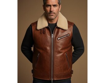 Chaleco de cuero marrón hecho a mano para hombre con cuello de piel, ideal para el invierno.