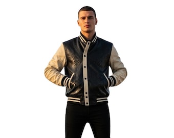 Men’s Black Crocodile Leather Varsity Jacket Streetwear Style Handmade Jacket for Men Outerwear