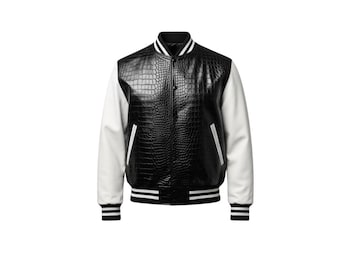 Chaqueta universitaria negra con relieve de cocodrilo, ropa urbana hecha a mano