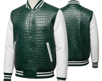 Chaqueta universitaria de piel de cocodrilo estampada, estilo urbano, hecha a mano