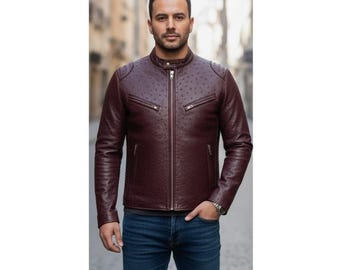 Ostrich Embossed Leather Biker Jacket  Handmade Elegant Outerwear