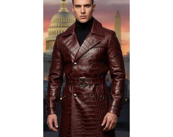 Handmade Crocodile Embossed Leather Coat Vintage Luxury Fashion