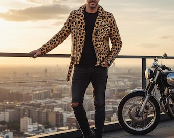 Men Leopard Leather Jacket Animal Print Designer Biker Handmade Genuine Leather Outerwear