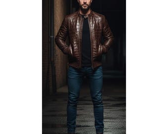 Genuine Leather Crocodile Embossed Jacket for Men Custom Handmade Vintage Luxury Leather Outerwear