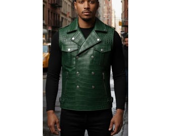Luxury Men Crocodile Embossed Leather Vest Handmade Real Leather Waistcoat Western Biker New Fashion