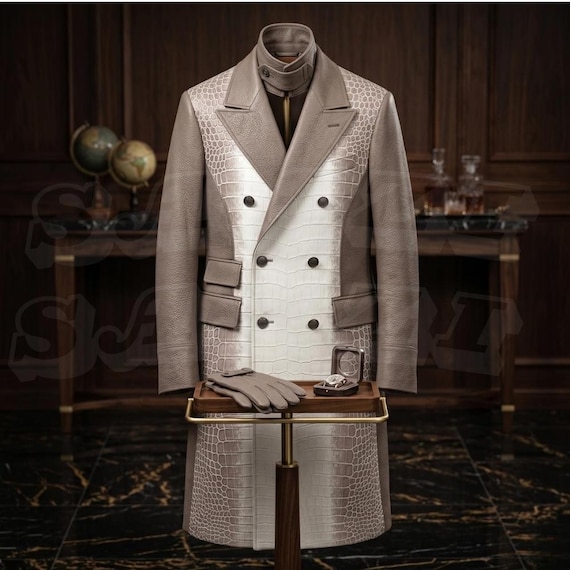 Luxury Handmade Leather Long Coat Double Tone Crocodile Embossed Statement Coat