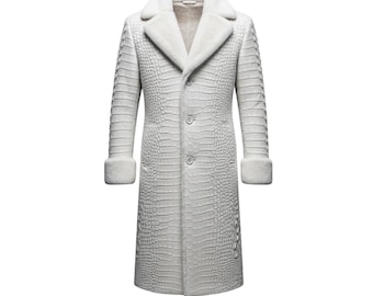 Crocodile Embossed Genuine Leather Trench Coat Gothic Steampunk Style