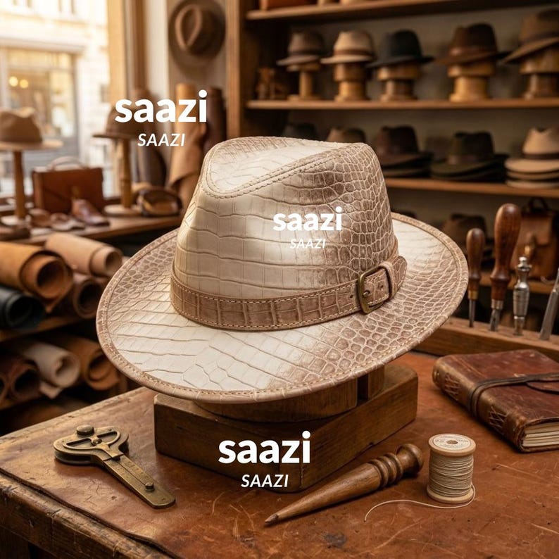 Op de afbeelding: Een beige fedora hoed met een gestructureerd krokodillenleerpatroon, voorzien van een bijpassende band met een metalen gesp. Het woord saazi staat op de hoed en de houten voet gedrukt. De hoed staat op een houten standaard in een werkplaats.